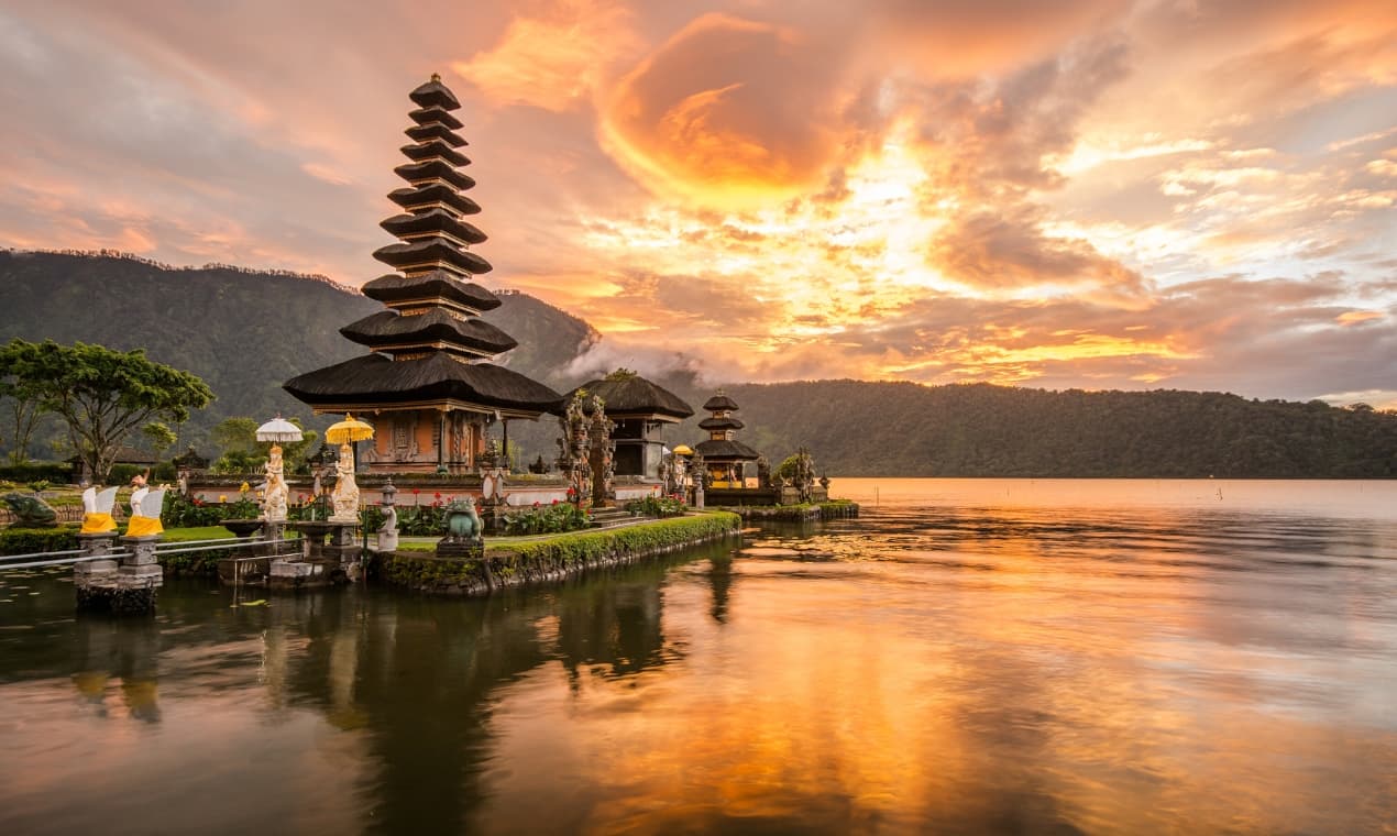Tropical temple and rice terraces in Bali