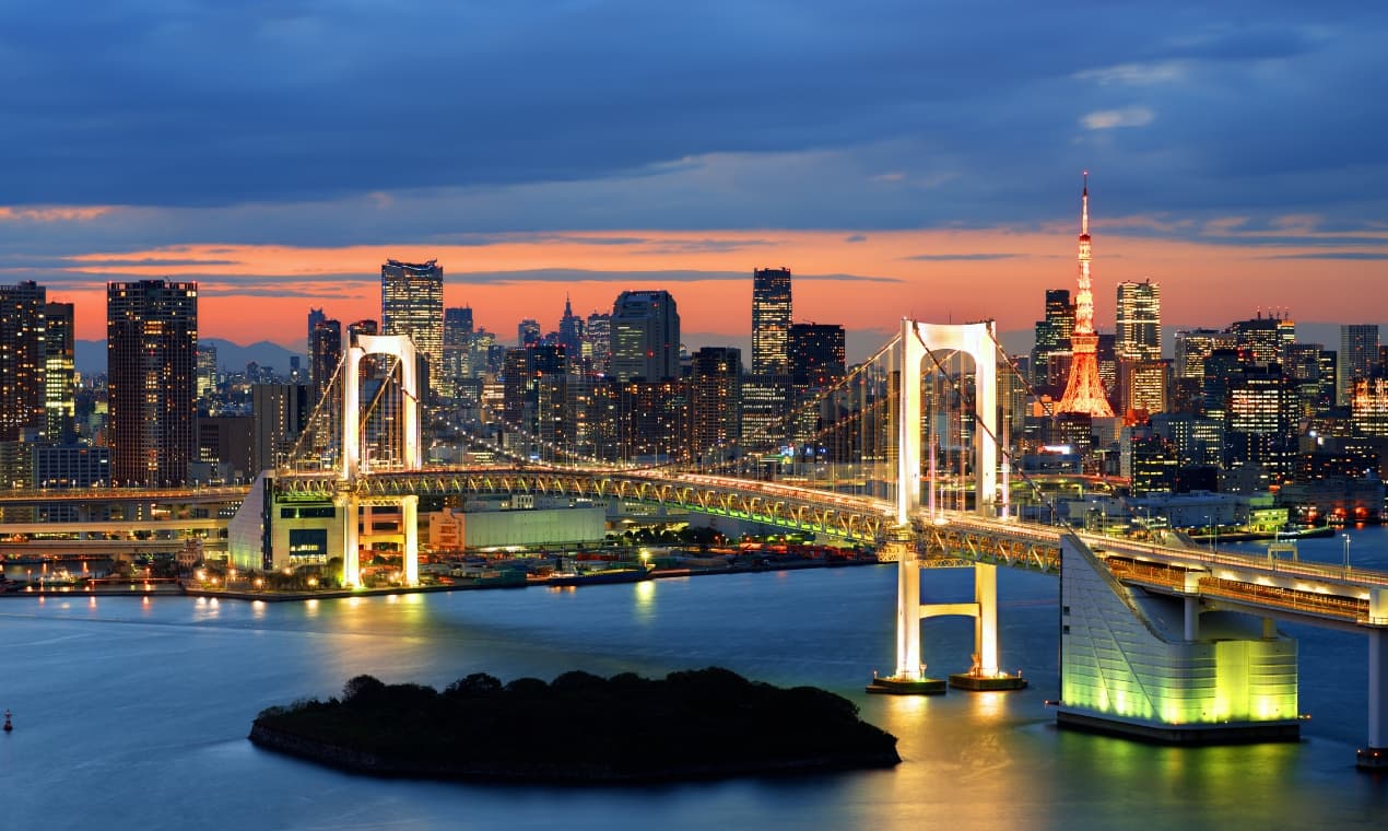 Tokyo streets with Mount Fuji in the distance
